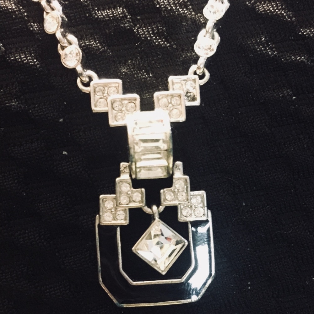 Givinchy Silver White Gemstone Blk Enamel Necklace